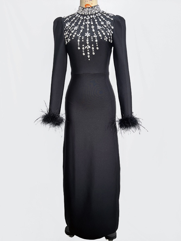 Long Sleeve Feather Diamante Bandage Dress