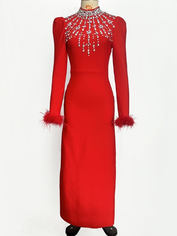 Long Sleeve Feather Diamante Bandage Dress