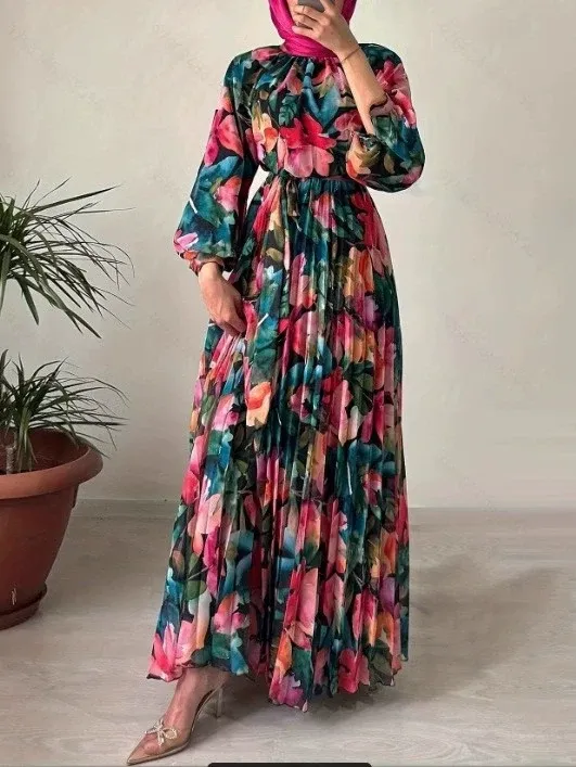 Floral Print Pleated Waist Dress