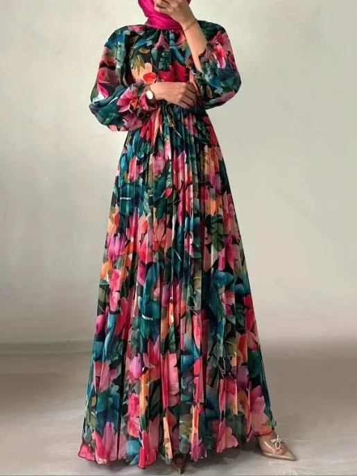 Floral Print Pleated Waist Dress