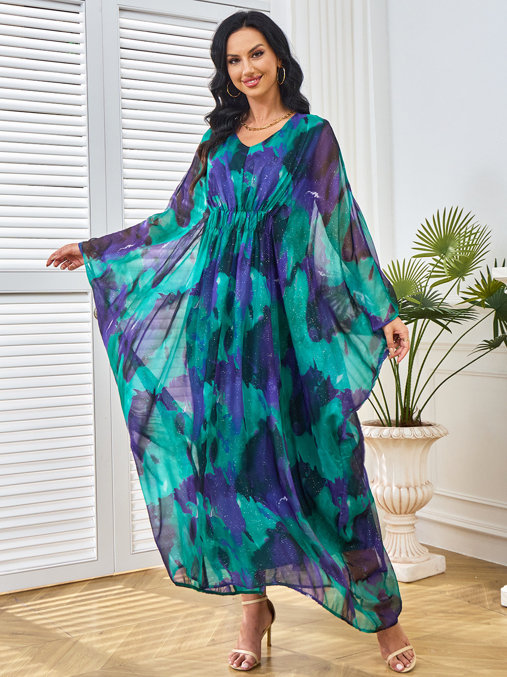 Intricate Patterns Hued Chiffon Gown Maxi Dress