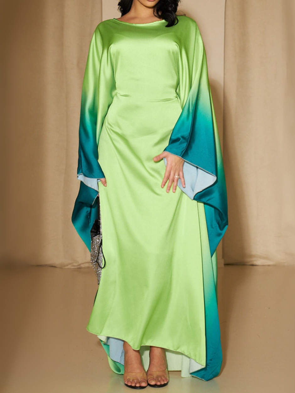 Round Neck Gradient Color Batwing Sleeves Dress
