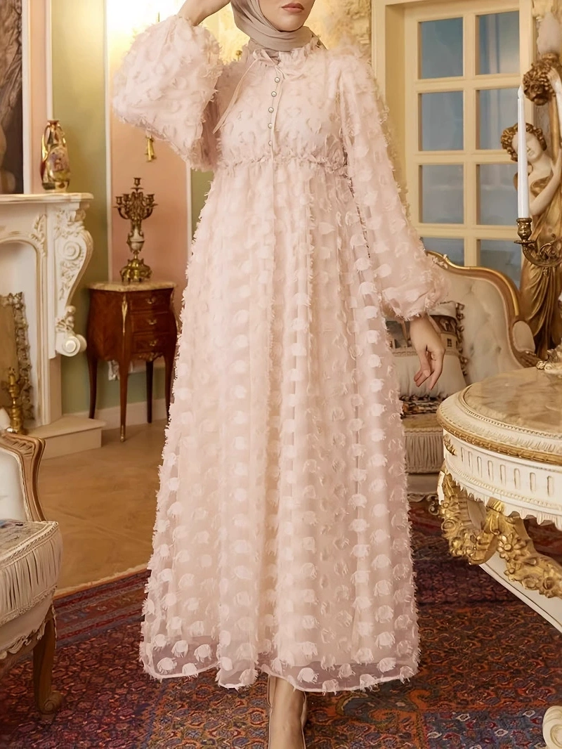 Solid Color Button Jacquard Wrap Sleeve Dress