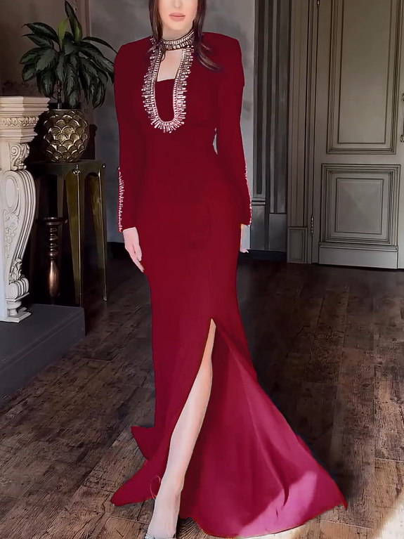Embellished Rhinestones Fishtail Evening Maxi Dress