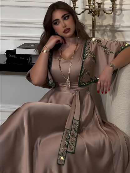 Diamond Shawl Sleeves Jalabiya Dress with Belt