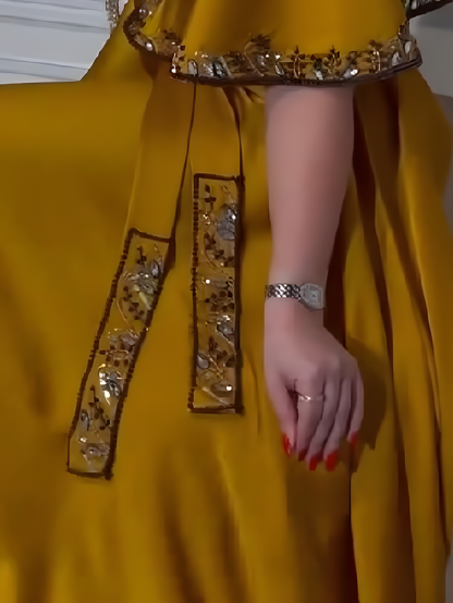 Diamond Shawl Sleeves Jalabiya Dress with Belt