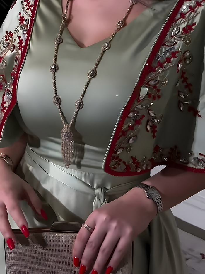 Diamond Shawl Sleeves Jalabiya Dress with Belt