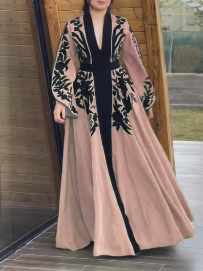 Printed Waisted A-line Trumpet Sleeves Dress