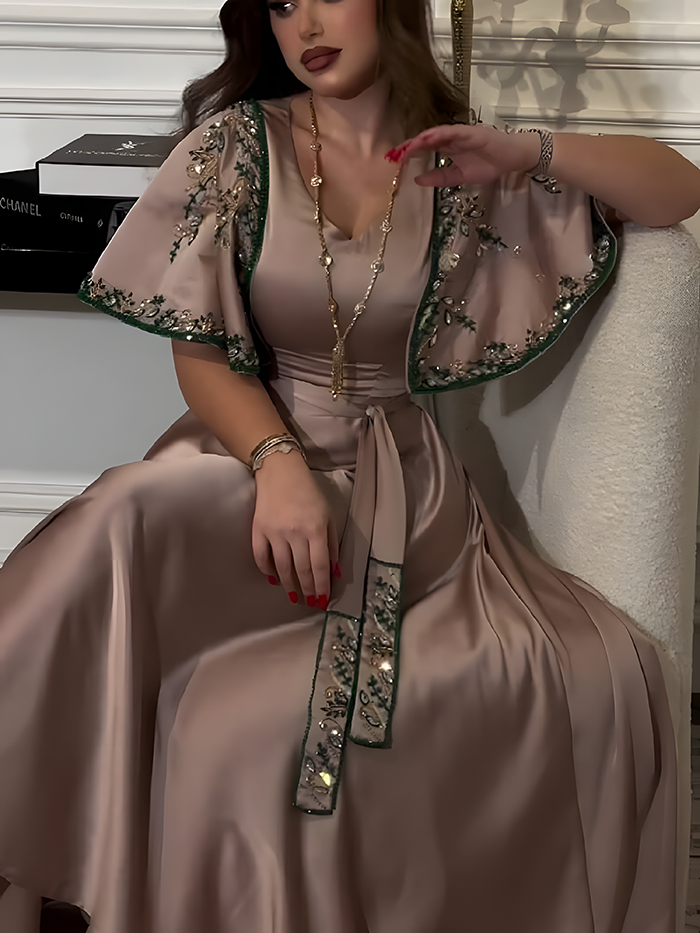 Diamond Shawl Sleeves Jalabiya Dress with Belt