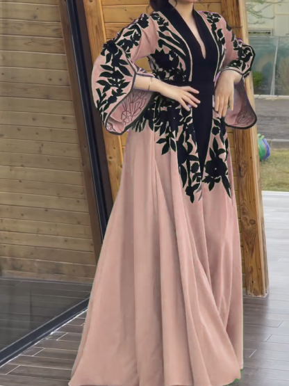 Printed Waisted A-line Trumpet Sleeves Dress