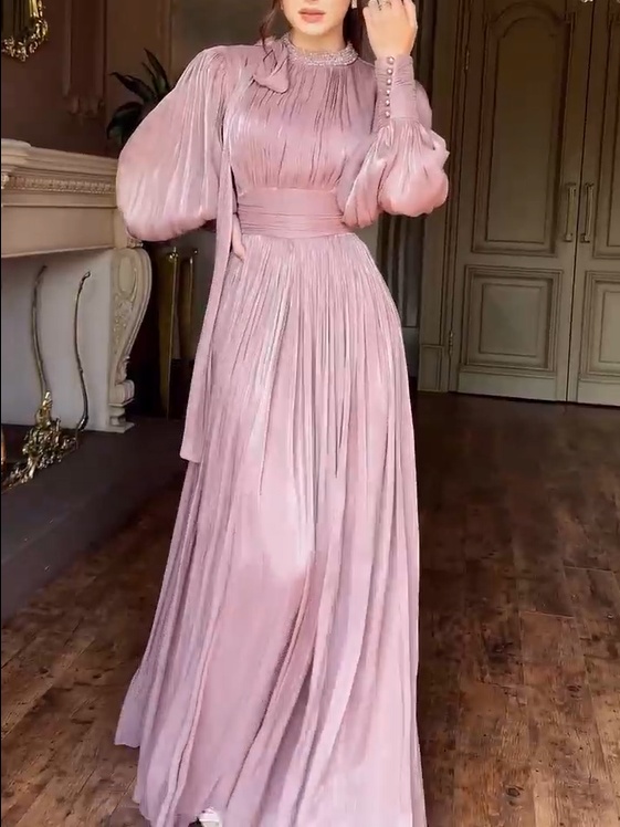 French Round Neck Diamond High Waist Slim Dress