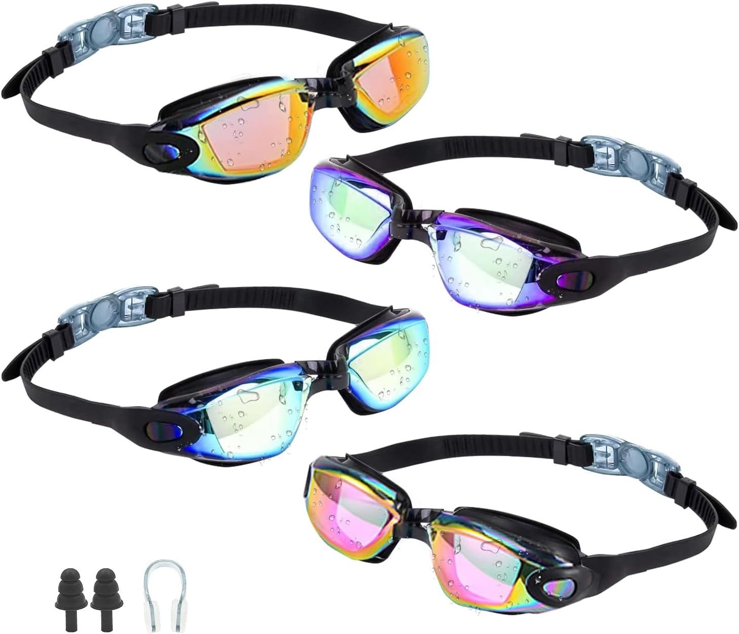 Anrgterg Swim Goggles, 6 Pack Anti Fog Swimming Goggles No Leaking Water Clear Vision Full Protection Silicone Goggles with Ear Plugs Nose Clip for Adult Women Men Teenagers