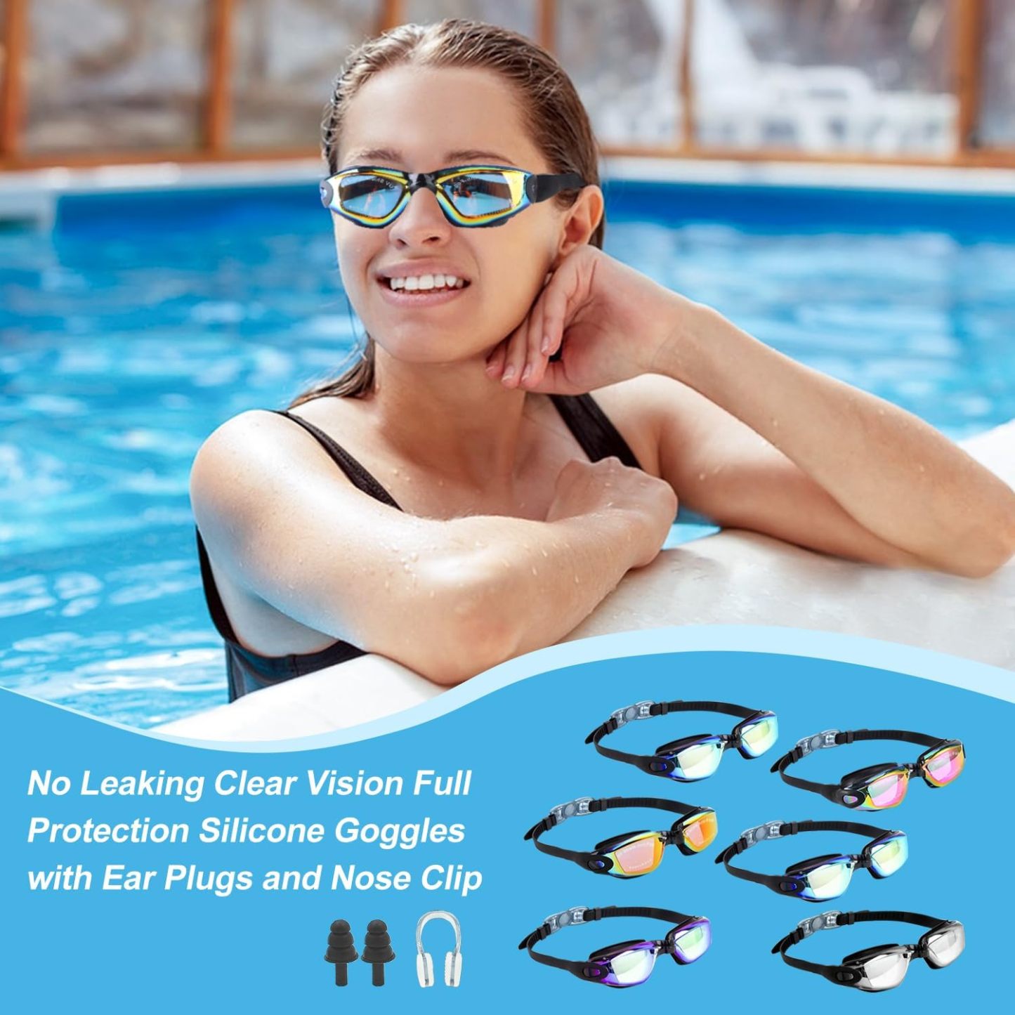 Anrgterg Swim Goggles, 6 Pack Anti Fog Swimming Goggles No Leaking Water Clear Vision Full Protection Silicone Goggles with Ear Plugs Nose Clip for Adult Women Men Teenagers