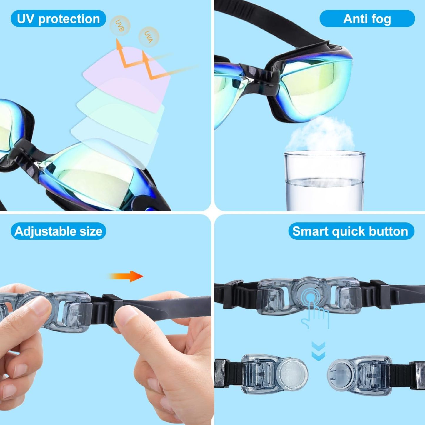 Anrgterg Swim Goggles, 6 Pack Anti Fog Swimming Goggles No Leaking Water Clear Vision Full Protection Silicone Goggles with Ear Plugs Nose Clip for Adult Women Men Teenagers
