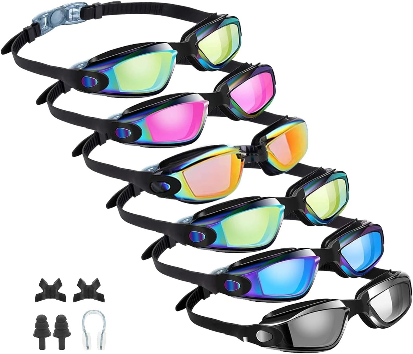 Anrgterg Swim Goggles, 6 Pack Anti Fog Swimming Goggles No Leaking Water Clear Vision Full Protection Silicone Goggles with Ear Plugs Nose Clip for Adult Women Men Teenagers