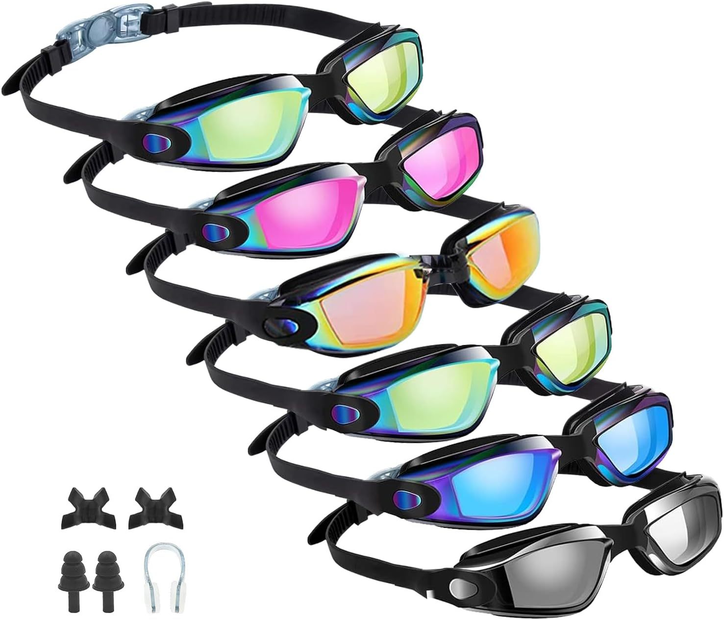 Anrgterg Swim Goggles, 6 Pack Anti Fog Swimming Goggles No Leaking Water Clear Vision Full Protection Silicone Goggles with Ear Plugs Nose Clip for Adult Women Men Teenagers