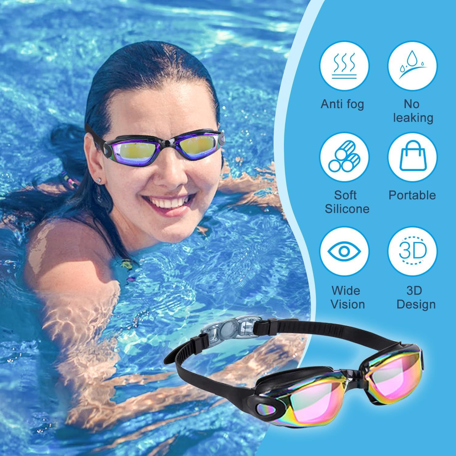 Anrgterg Swim Goggles, 6 Pack Anti Fog Swimming Goggles No Leaking Water Clear Vision Full Protection Silicone Goggles with Ear Plugs Nose Clip for Adult Women Men Teenagers