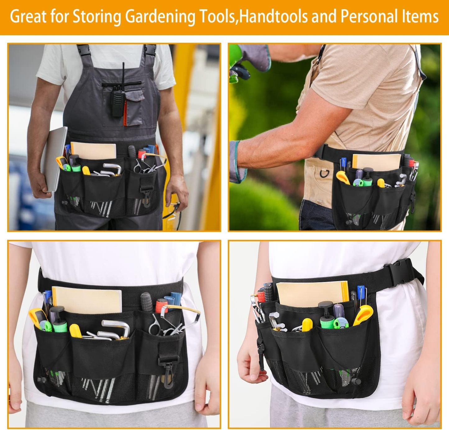Geboor Gardening Tool Waist Bag Belt Heavy Duty Oxford Tool Apron with 7 Pockets of Different Sizes and Depth