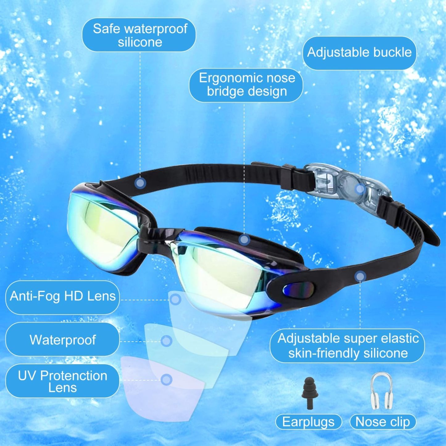 Anrgterg Swim Goggles, 6 Pack Anti Fog Swimming Goggles No Leaking Water Clear Vision Full Protection Silicone Goggles with Ear Plugs Nose Clip for Adult Women Men Teenagers