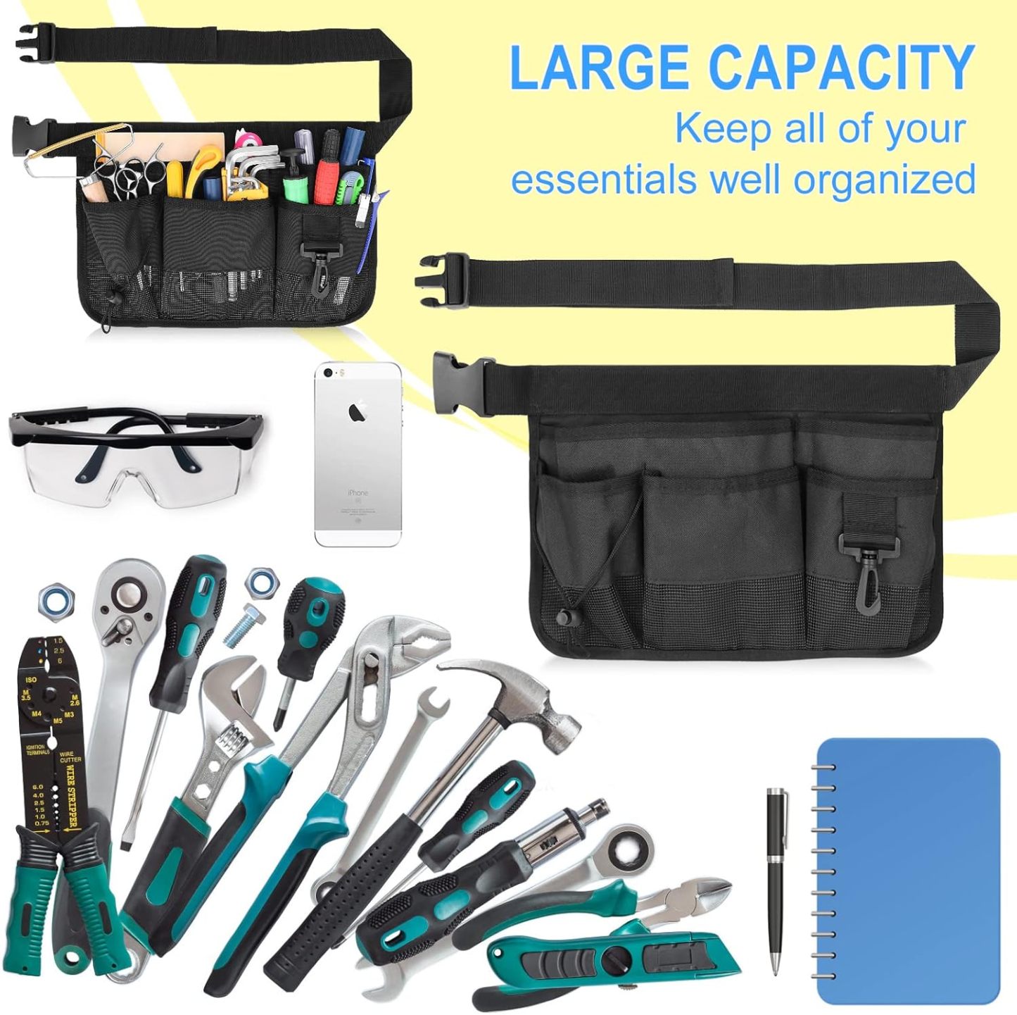 Geboor Gardening Tool Waist Bag Belt Heavy Duty Oxford Tool Apron with 7 Pockets of Different Sizes and Depth