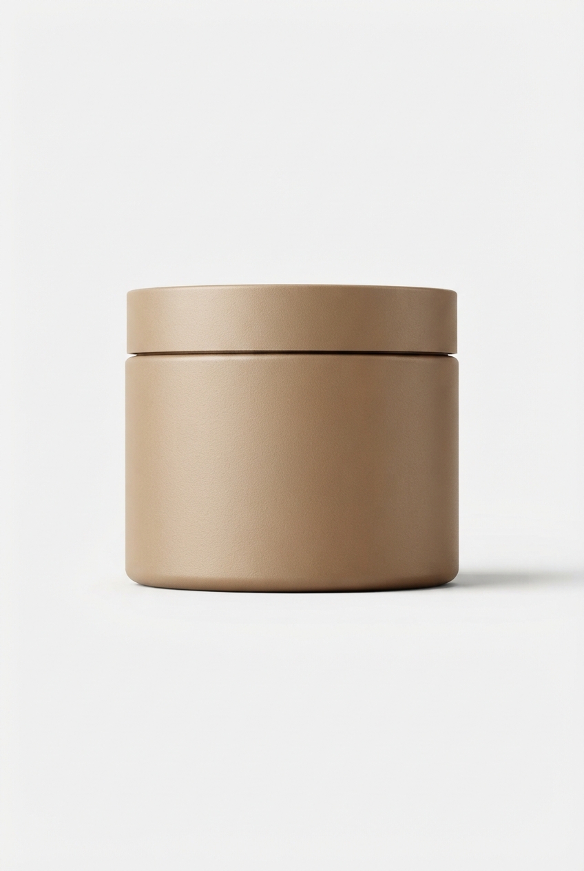 Sandybrown body scrub jar on minimalist off-white background