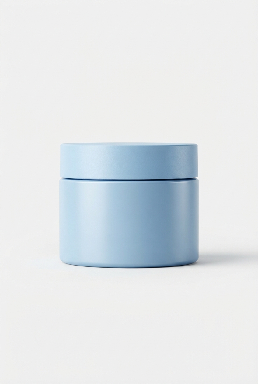 Lightblue facial hydrating cream jar on minimalist off-white background