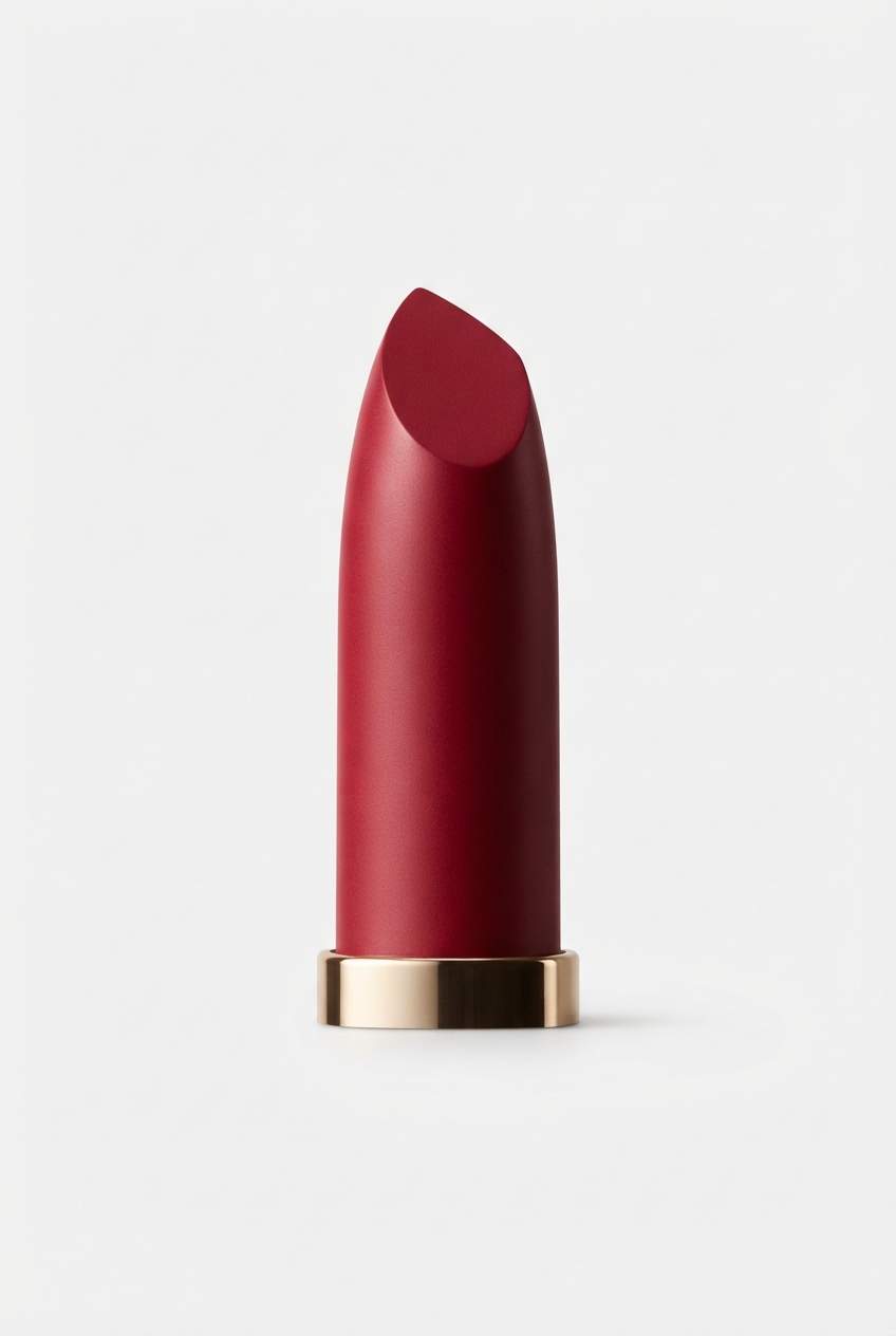 Crimson lipstick bullet on minimalist off-white background