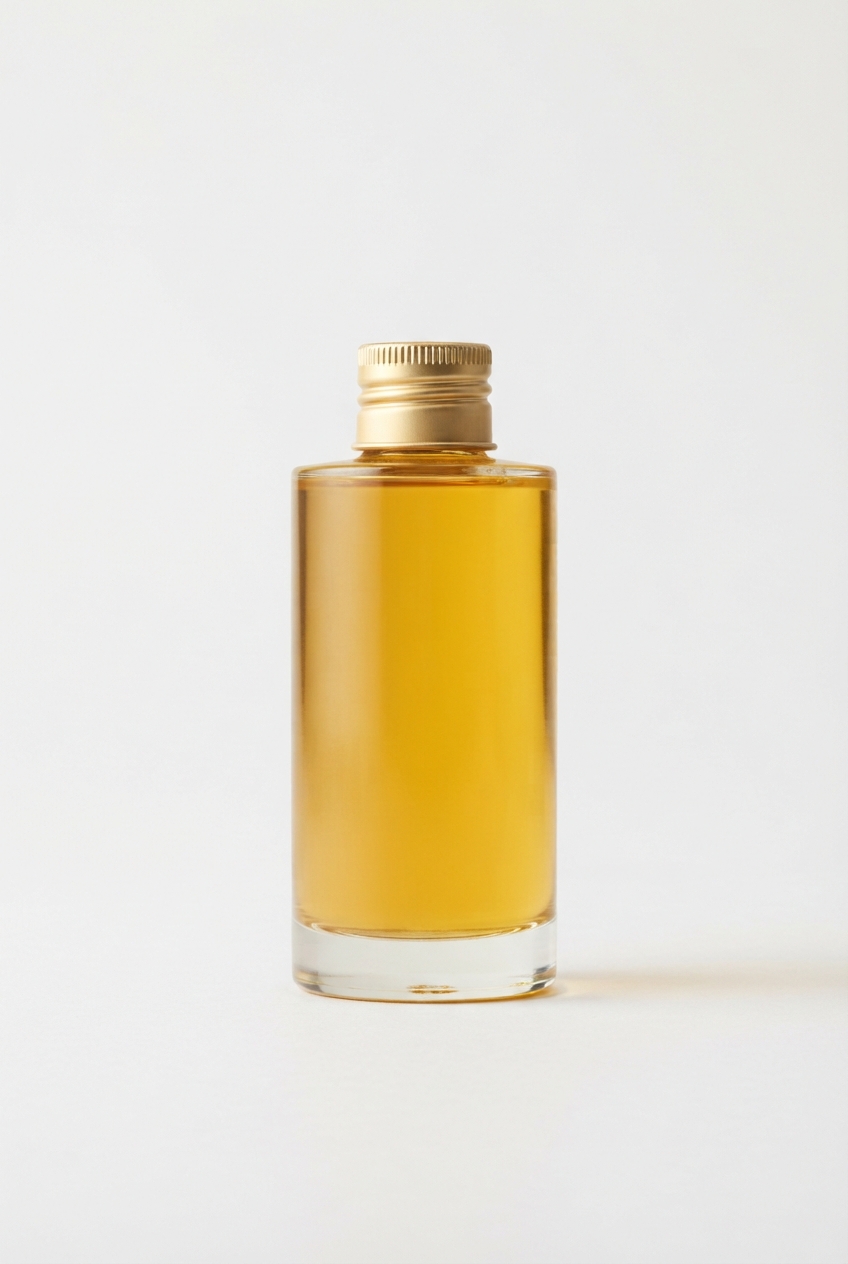 Goldenrod body oil bottle on minimalist off-white background