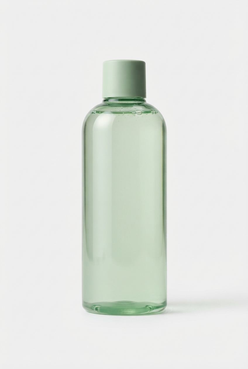 Lightgreen facial toner bottle on minimalist off-white background