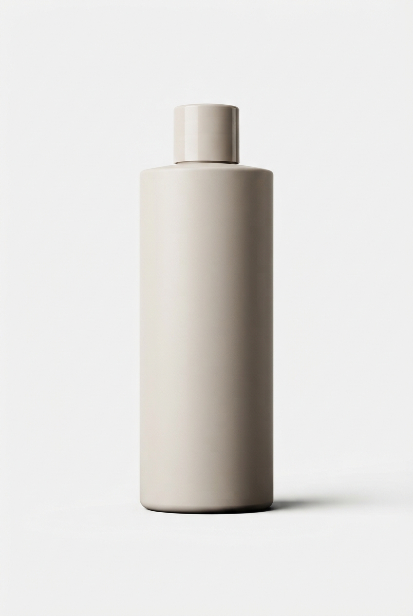 Beige body lotion bottle on minimalist off-white background