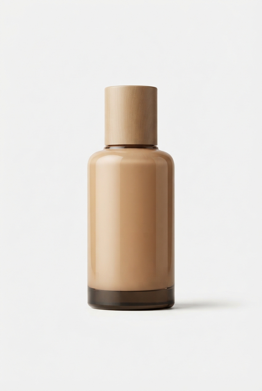 Burlywood liquid foundation bottle on minimalist off-white background