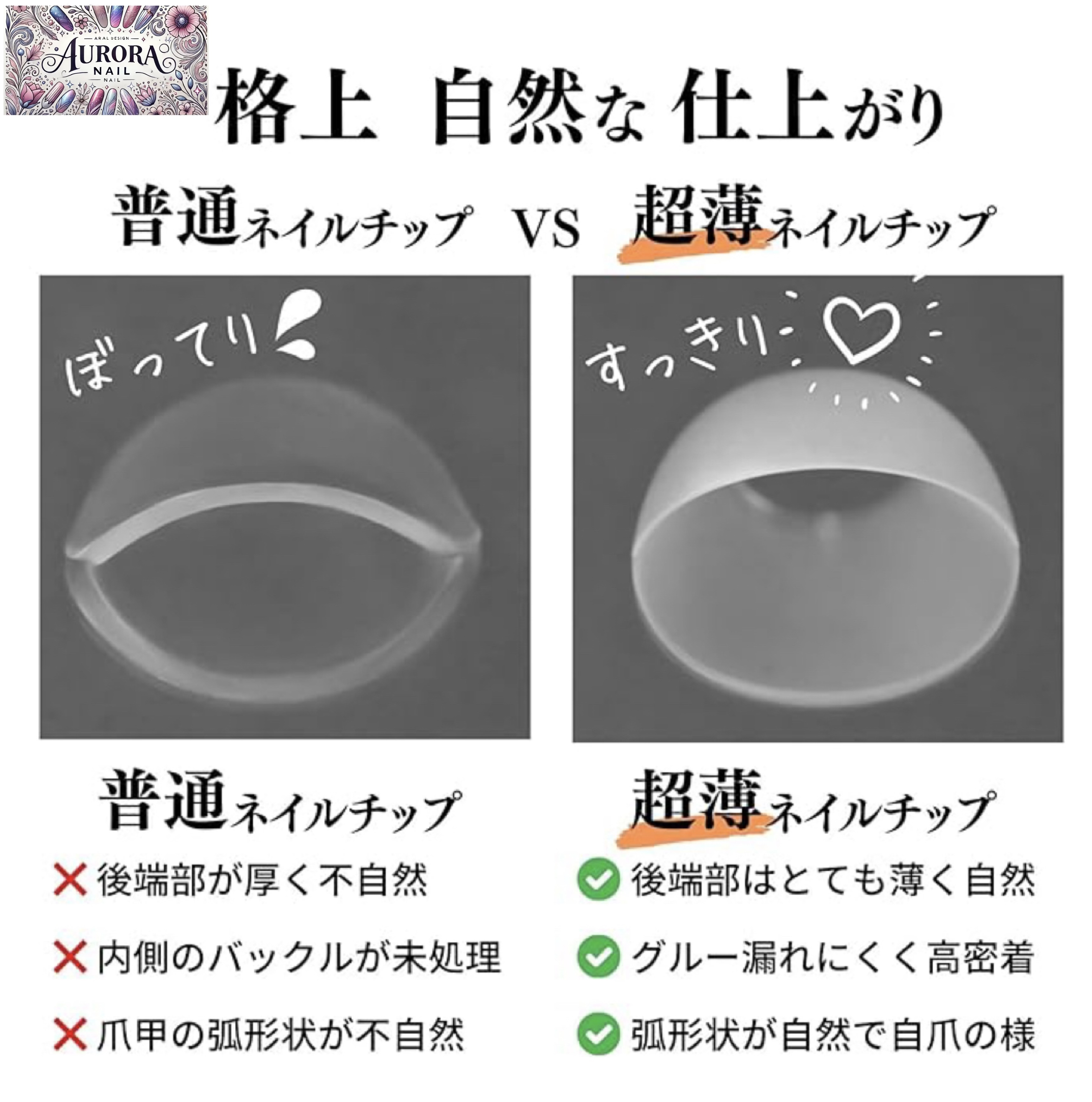 AURORA ネイルチップ 超薄 ショート クリア サンディング 自然なフィット感 つけ爪
