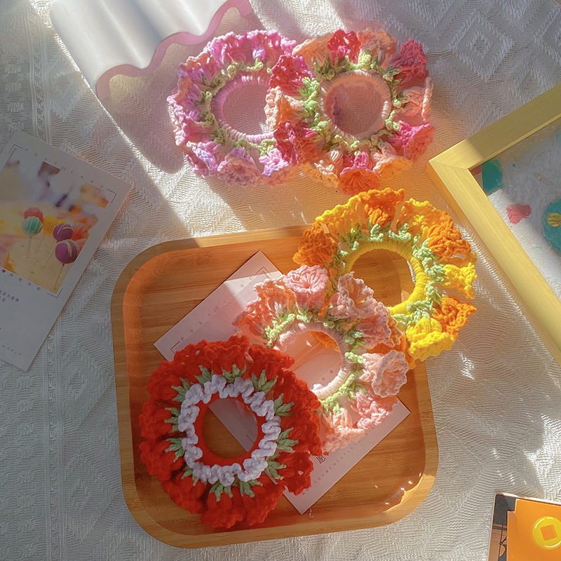 送給媽媽的禮物 手工編織鈴蘭羊毛大腸髮圈 高彈性馬尾髮圈 - PhotoMoonLampTW