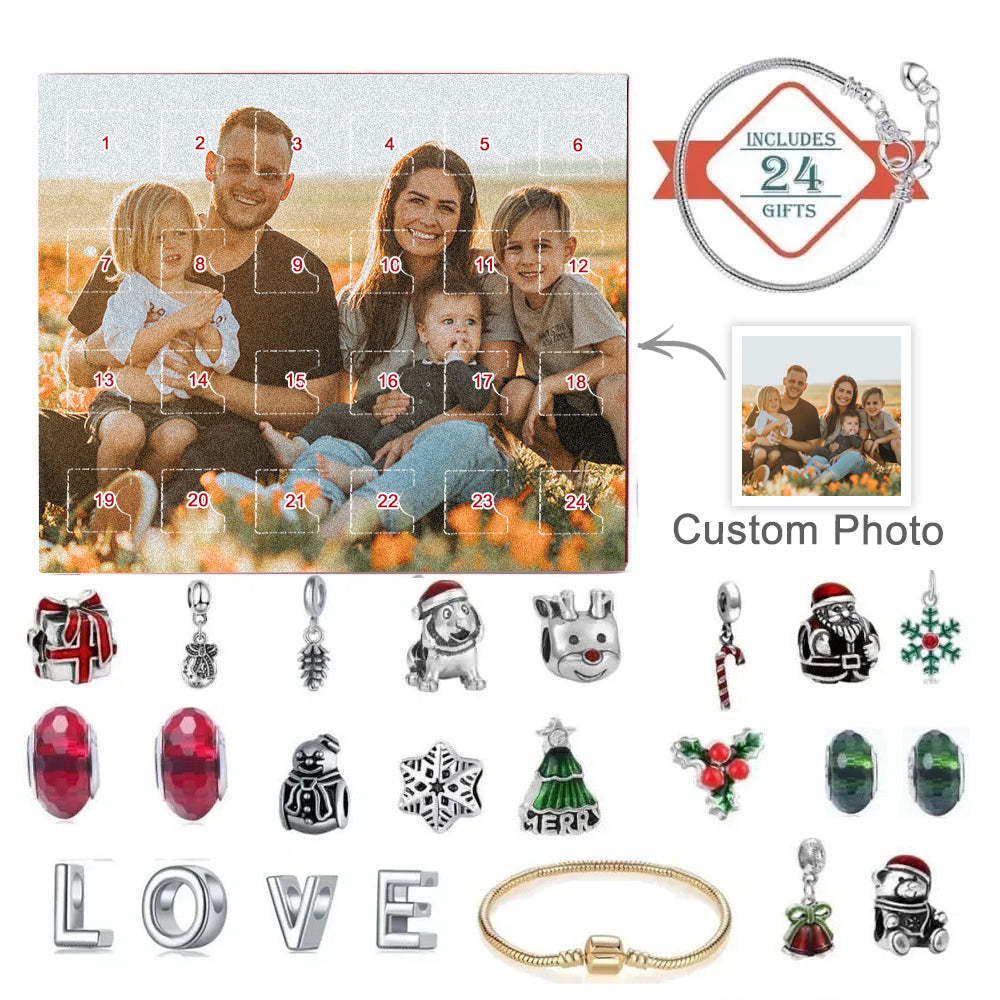 Personalized Photo Jewelry Advent Calendar Photo Charm Christmas Surprise Blind Box Bracelet 24 Calendar Countdown Gift Box Bracelet For Family