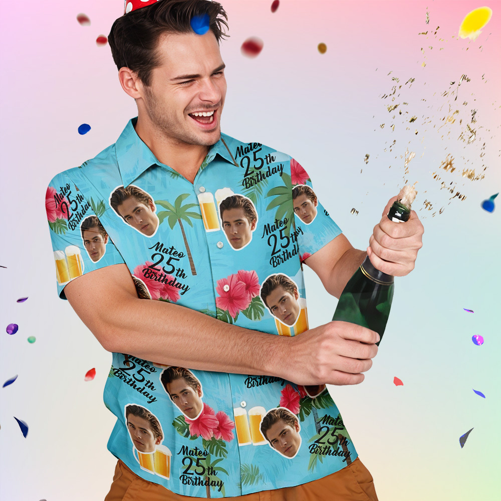 個性化生日夏威夷襯衫訂製臉名夏季生日派對綠色襯衫 Aloha 生日夏威夷襯衫生日禮物 - PhotoMoonLampTW