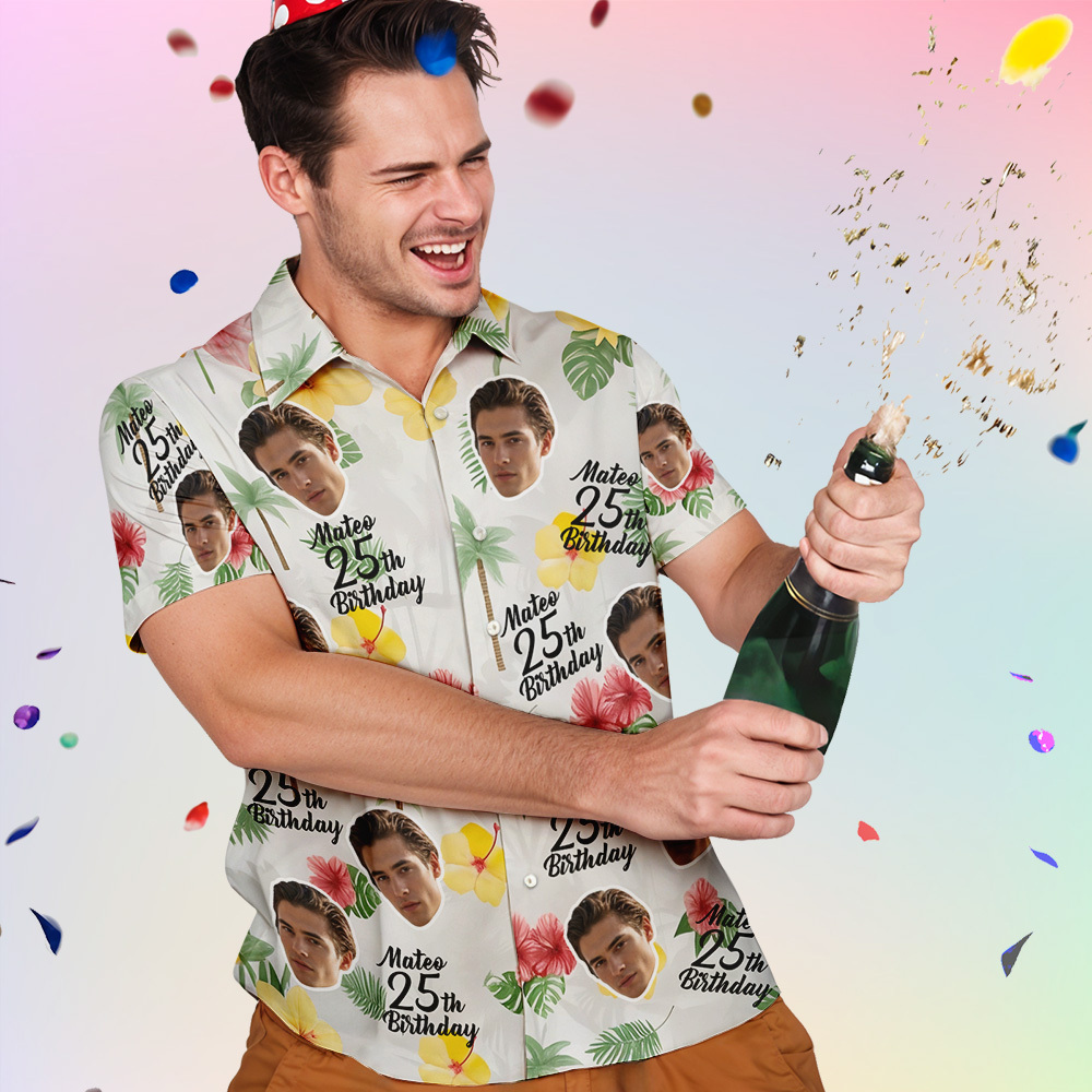 個性化生日夏威夷襯衫訂製臉名夏季生日派對綠色襯衫 Aloha 生日夏威夷襯衫生日禮物 - PhotoMoonLampTW