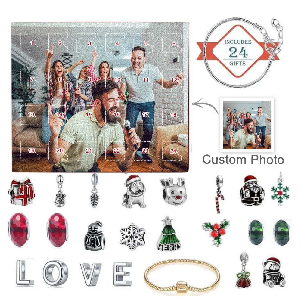 Personalized Photo Jewelry Advent Calendar Photo Charm Christmas Surprise Blind Box Bracelet 24 Calendar Countdown Gift Box Bracelet For Friend