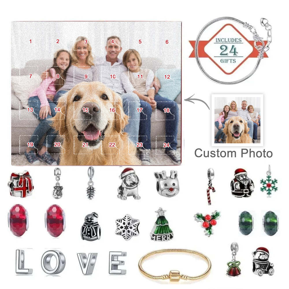 Personalized Photo Jewelry Advent Calendar Photo Charm Christmas Surprise Blind Box Bracelet 24 Calendar Countdown Gift Box Bracelet For Pet