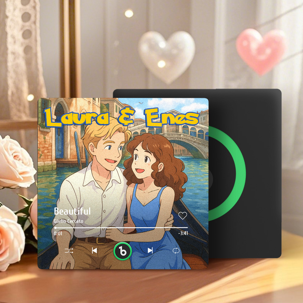 客製化照片和名字音樂冰箱貼卡通風格個人化相框情侶禮物 - PhotoMoonLampTW