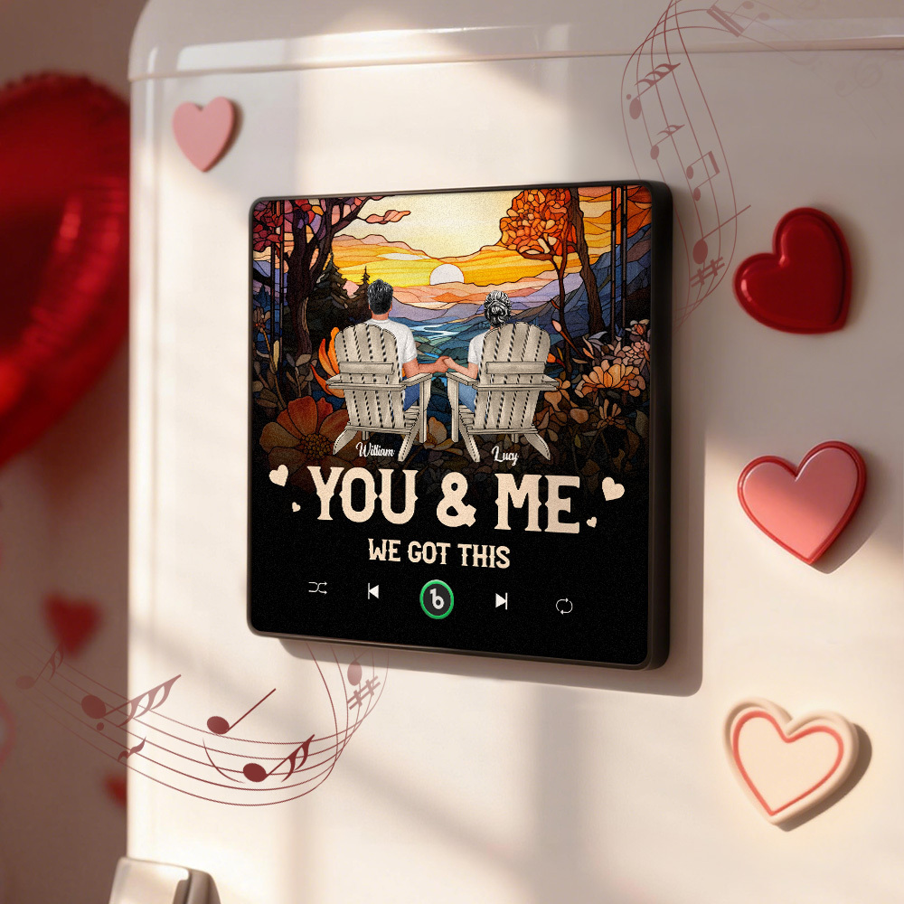 客製化人物和名字音樂冰箱貼紙 - 日落情侶設計個人化名字相框情侶禮物 - PhotoMoonLampTW