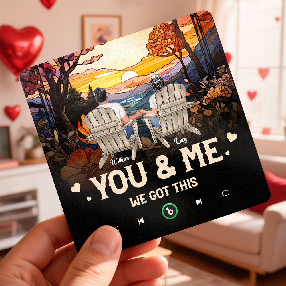 客製化人物和名字音樂冰箱貼紙 - 日落情侶設計個人化名字相框情侶禮物 - PhotoMoonLampTW