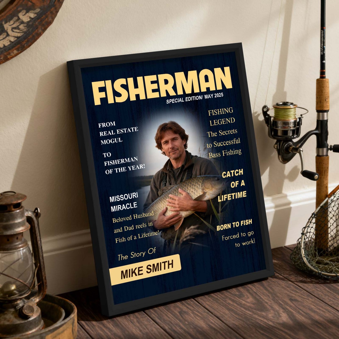 個人化釣雜誌封面海報 - 釣魚愛好者趣味禮物 - PhotoMoonLampTW