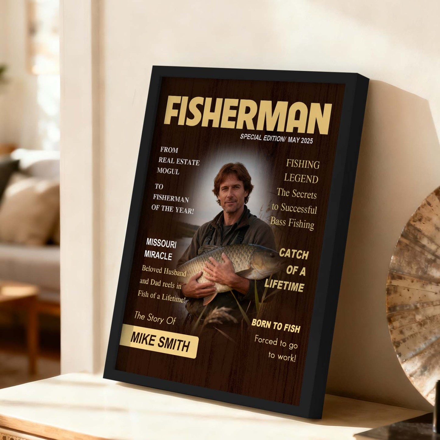 個人化釣雜誌封面海報 - 釣魚愛好者趣味禮物 - PhotoMoonLampTW