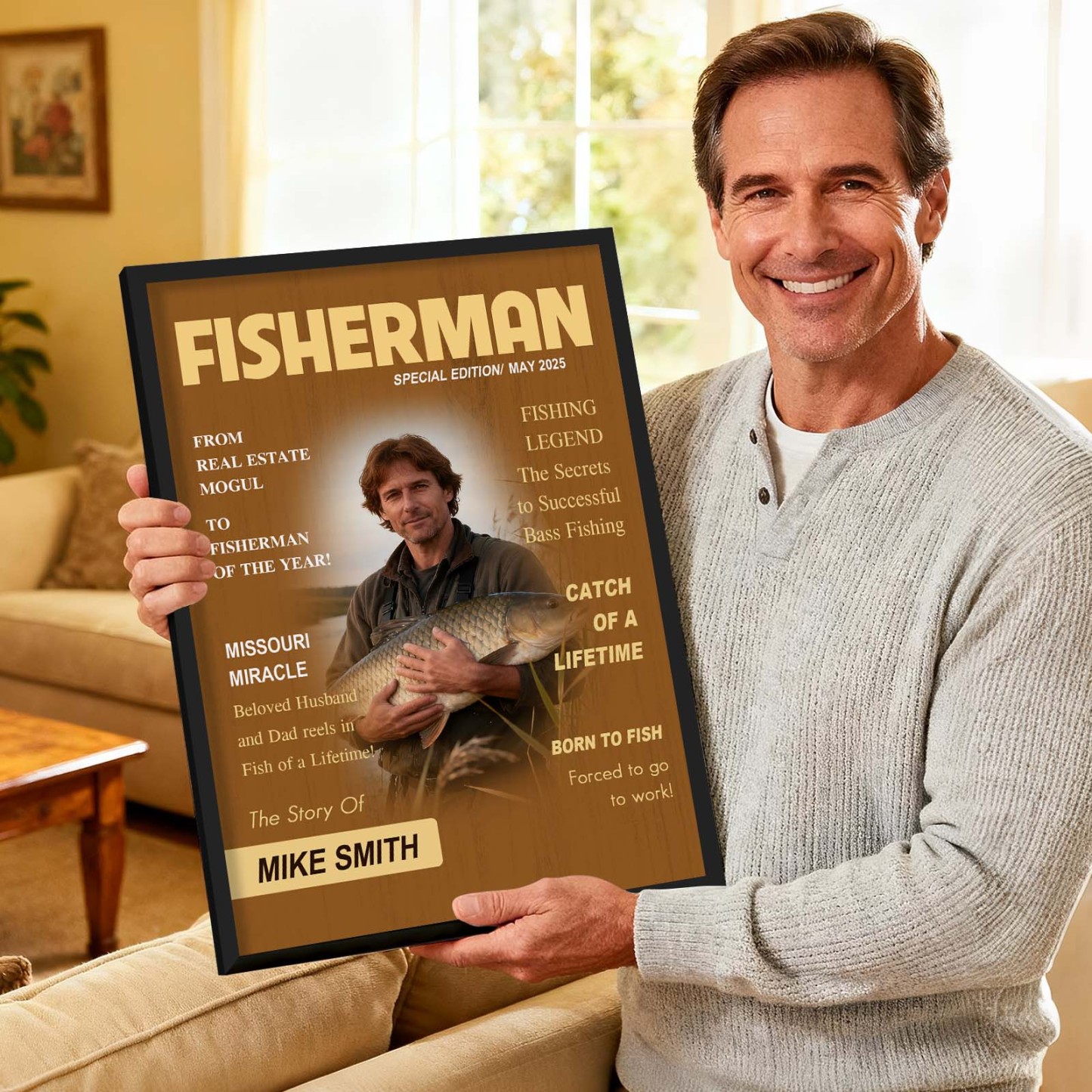 個人化釣雜誌封面海報 - 釣魚愛好者趣味禮物 - PhotoMoonLampTW