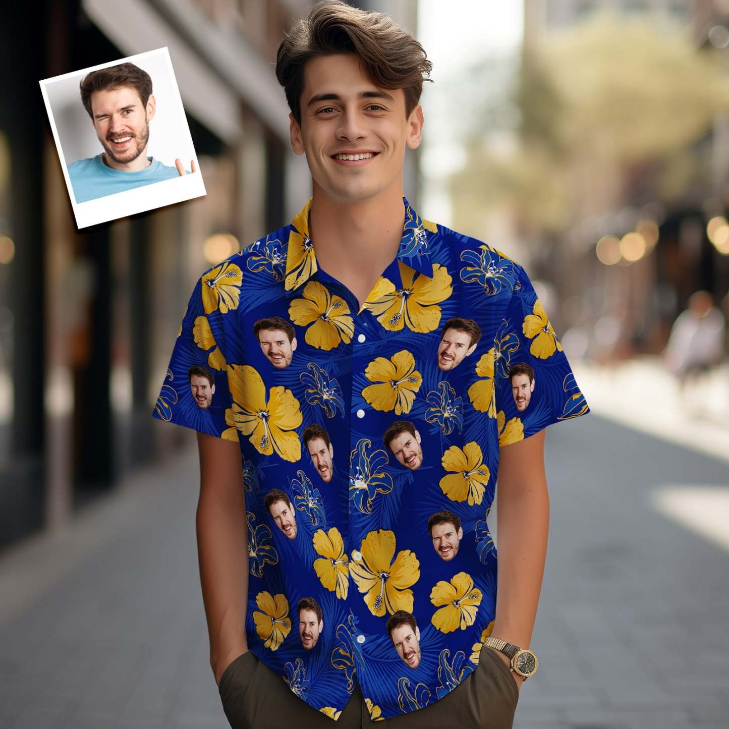 訂製夏威夷襯衫彩葉阿羅哈海灘襯衫藍色 - PhotoMoonLampTW