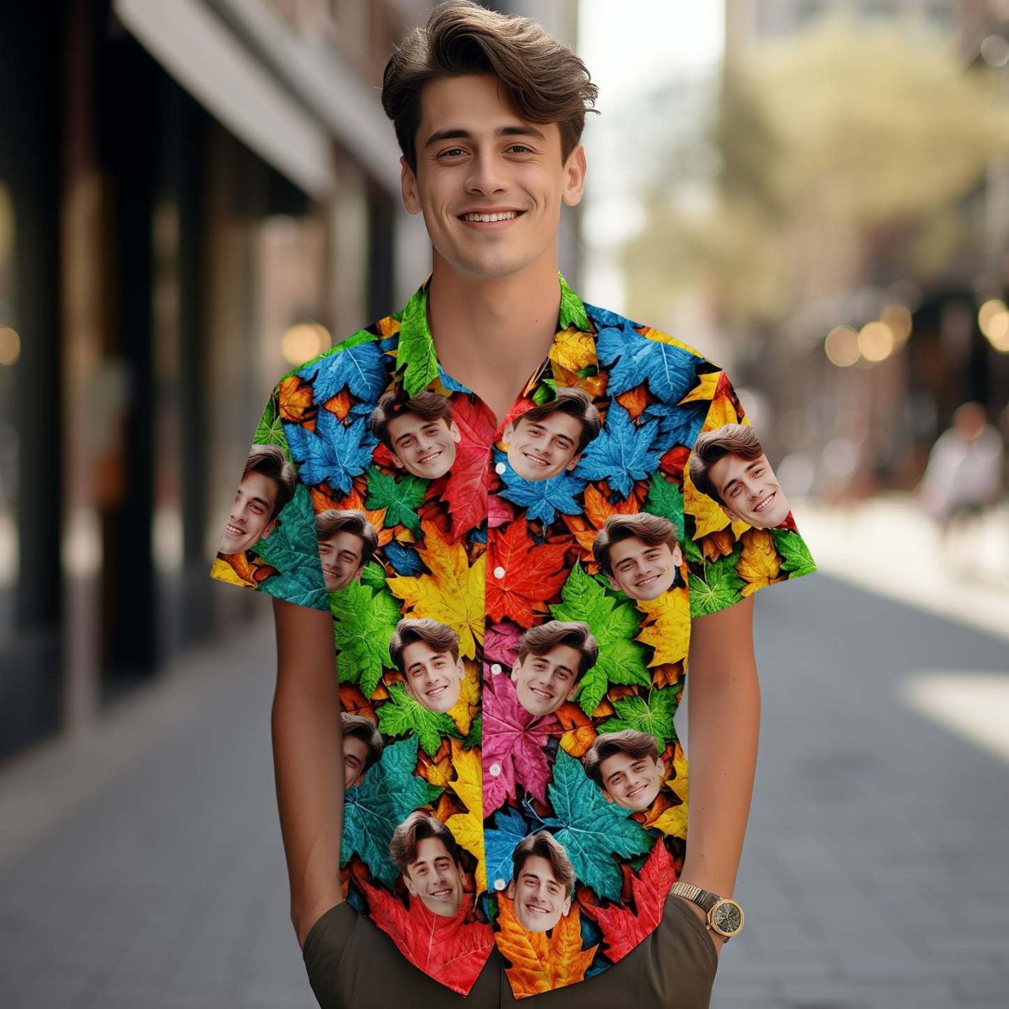 訂製照片夏威夷襯衫臉部彩色楓葉印花夏威夷襯衫 - PhotoMoonLampTW