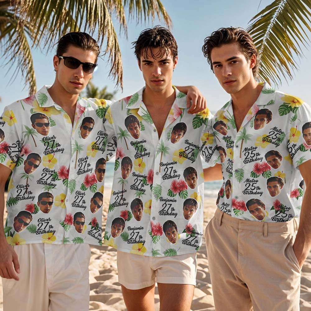 個性化生日夏威夷襯衫訂製臉名夏季生日派對綠色襯衫 Aloha 生日夏威夷襯衫生日禮物 - PhotoMoonLampTW