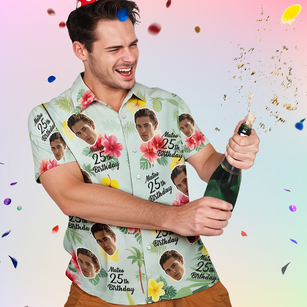 個性化生日夏威夷襯衫訂製臉名夏季生日派對綠色襯衫 Aloha 生日夏威夷襯衫生日禮物 - PhotoMoonLampTW