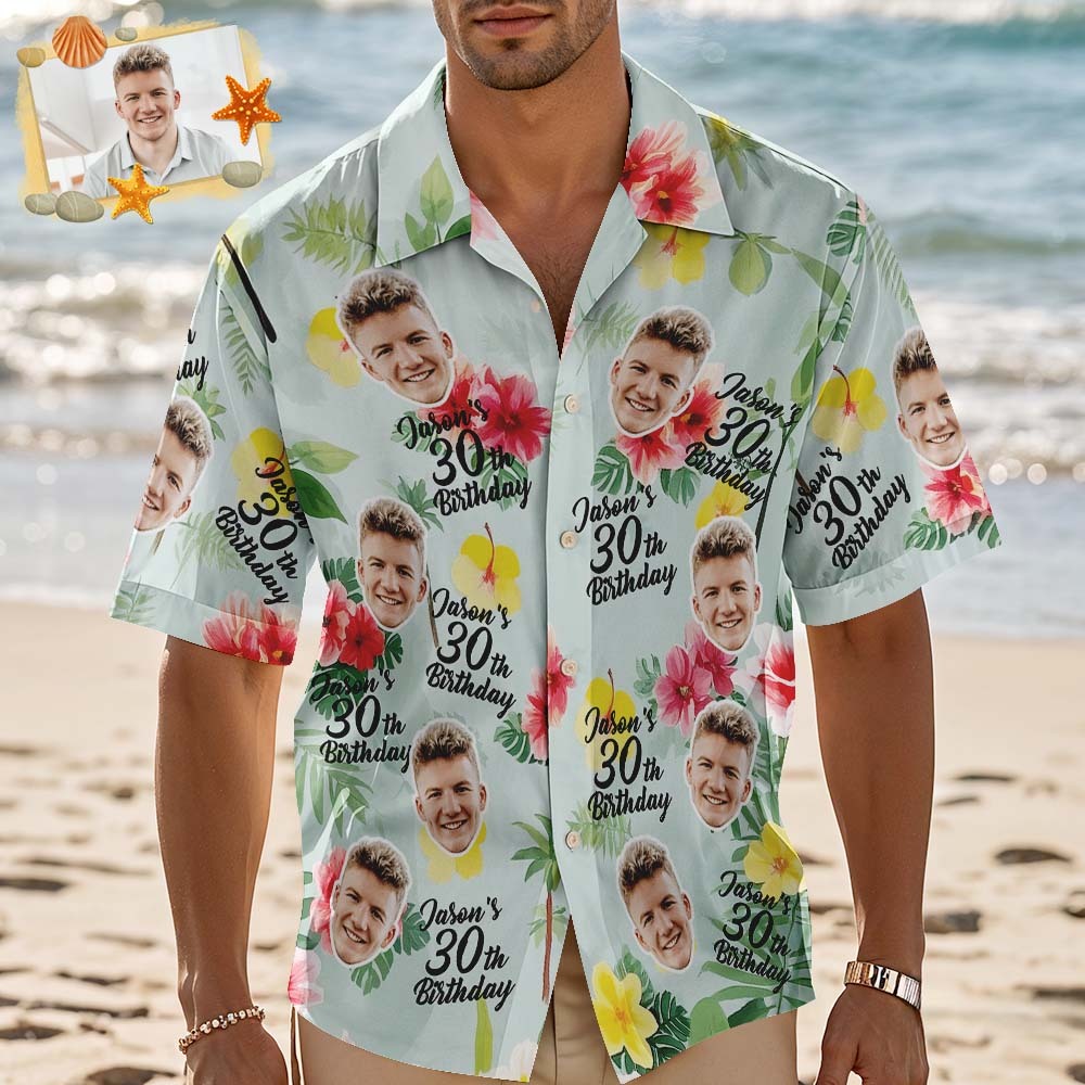 個性化生日夏威夷襯衫訂製臉名夏季生日派對綠色襯衫 Aloha 生日夏威夷襯衫生日禮物 - PhotoMoonLampTW