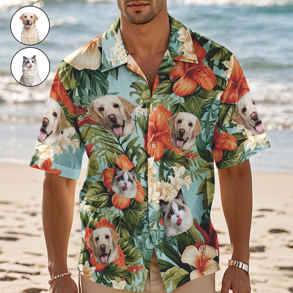 訂製夏威夷襯衫紅色花朵個人化照片夏威夷襯衫趣味假期派對襯衫,適合寵物愛好者 - PhotoMoonLampTW